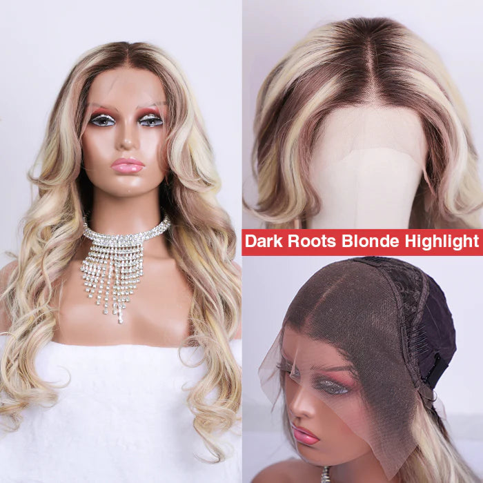 Curtain Bangs Blonde Hair Highlight & Body Wave Dark Roots Blonde Highlight Wigs