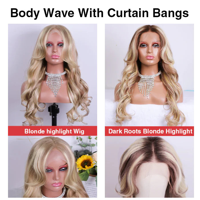 Curtain Bangs Blonde Hair Highlight & Body Wave Dark Roots Blonde Highlight Wigs
